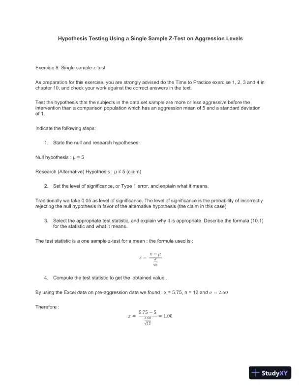 Hypothesis Testing Using a Single Sample Z-Test On Aggression Levels - Page 1 preview image