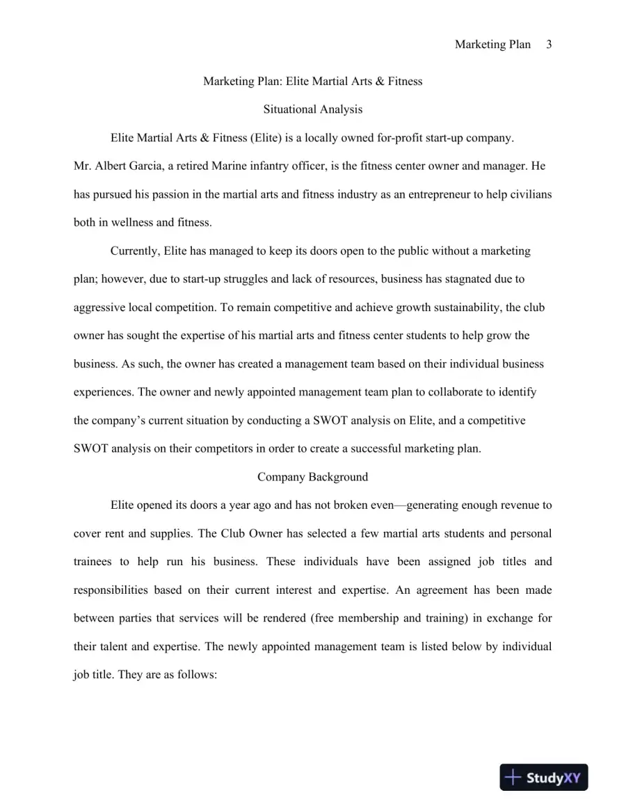 MBA570 Marketing Plan: Elite Martial Arts and Fitness - University of Phoenix, page 4