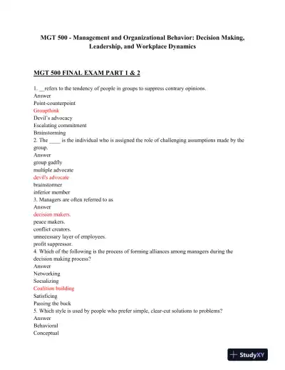MGT 500 - Management and Organizational Behavior: Decision Making, Leadership, and Workplace Dynamics - Page 1 preview image