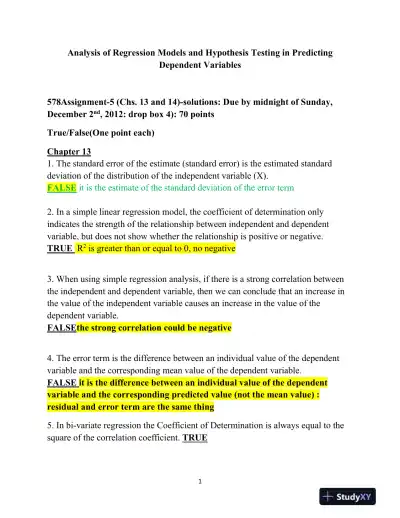 Analysis of Regression Models and Hypothesis Testing in Predicting Dependent Variables - Page 1 preview image