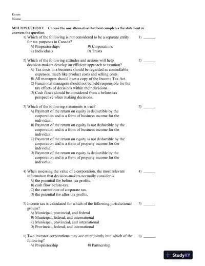 Canadian Income Taxation 2016/2017 Edition Test Bank - Page 1 preview image