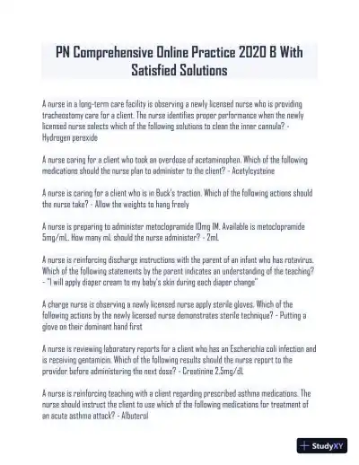 2020 PN Health Care Assessment Comprehensive Practice Exam With Answers (147 Solved Questions) - Page 1 preview image