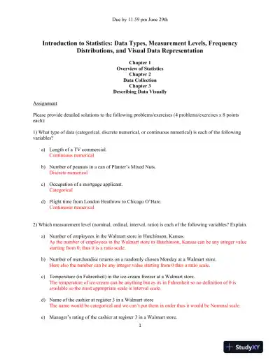Introduction to Statistics: Data Types, Measurement Levels, Frequency Distributions, and Visual Data Representation - Page 1 preview image
