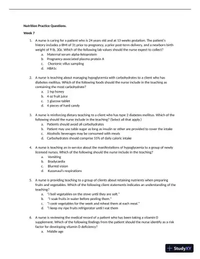 Nutrition Practice Questions Week 7 with Answers (15 Solved Questions) - Page 1 preview image