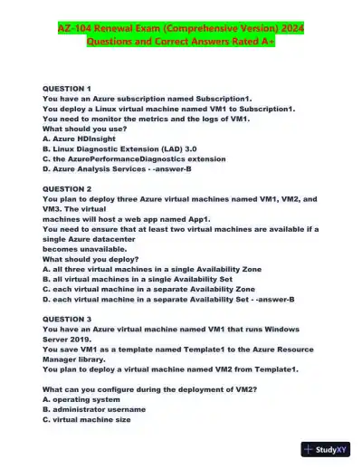 2024 AZ-104 Renewal Comprehensive Exam with Answers (270 Solved Questions) - Page 1 preview image