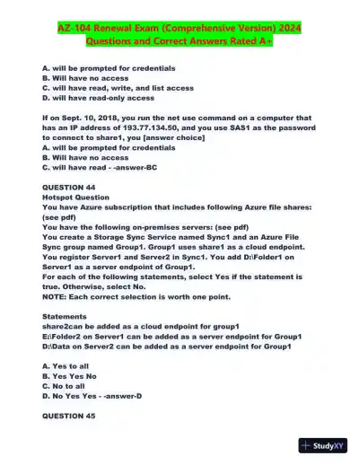 2024 AZ-104 Renewal Comprehensive Exam with Answers (270 Solved Questions) - Page 21 preview image