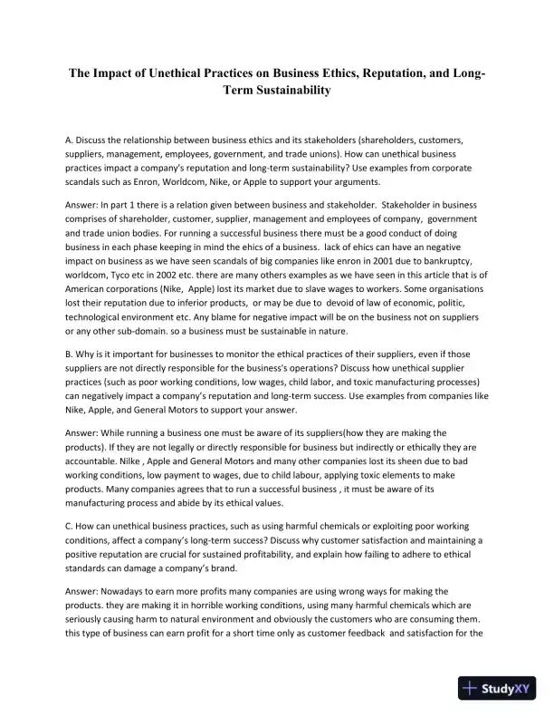 The Impact Of Unethical Practices On Business Ethics, Reputation, And Long-Term Sustainability - Page 1 preview image