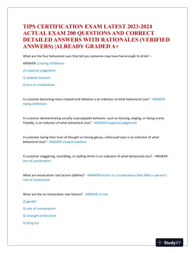 2023-2024 Pharmacology Tips Certification Exam With Answers (152 Solved Questions) - Page 1 preview image