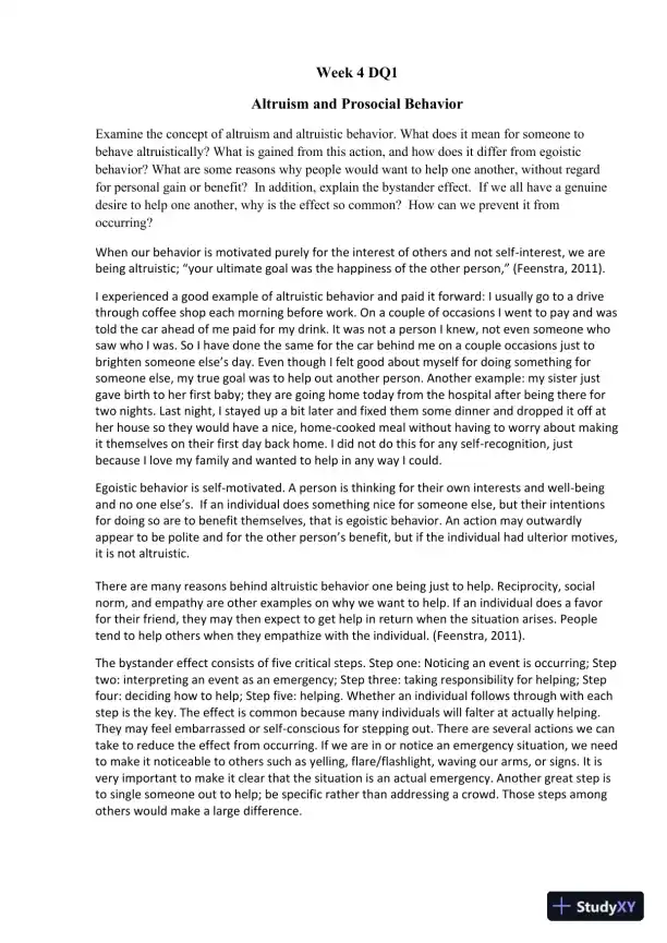 Altruism and Prosocial Behavior Week 4 DQ1 - Page 1 preview image