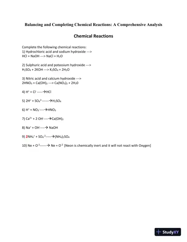 Balancing And Completing Chemical Reactions: A Comprehensive Analysis - Page 1 preview image