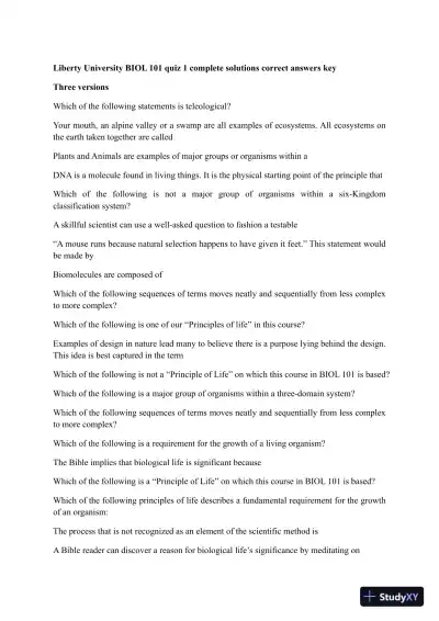 Liberty University BIOL 101 Quiz 1 Complete Solutions Correct Answers Key - Page 1 preview image