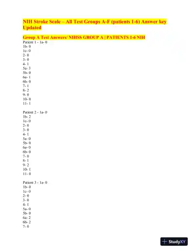 NIH Stroke Scale � All Test Groups A-F (patients 1-6) with Answers (18 Solved Questions) - Page 1 preview image