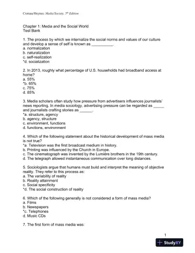 Media/Society: Industries, Images, and Audiences Fifth Edition Test Bank - Page 1 preview image