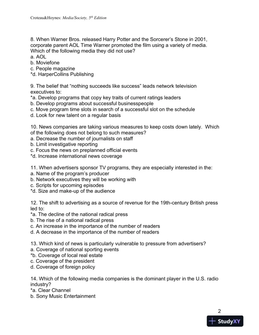 Media/Society: Industries, Images, and Audiences Fifth Edition Test Bank, page 10