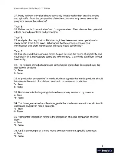 Media/Society: Industries, Images, and Audiences Fifth Edition Test Bank - Page 13 preview image