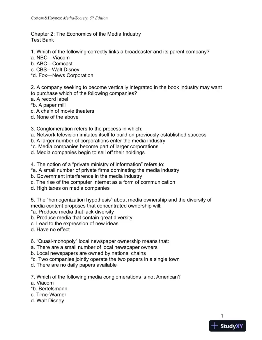 Media/Society: Industries, Images, and Audiences Fifth Edition Test Bank, page 9