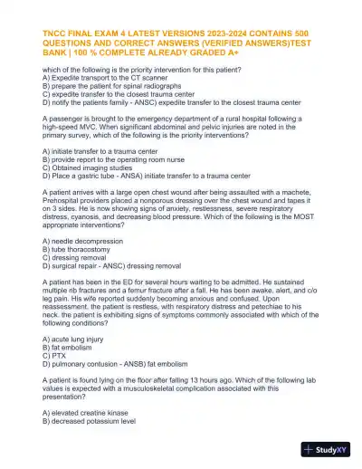 2023-2024 TNCC Final Practice Exam 4 with Answers (1343 Solved Questions) - Page 11 preview image