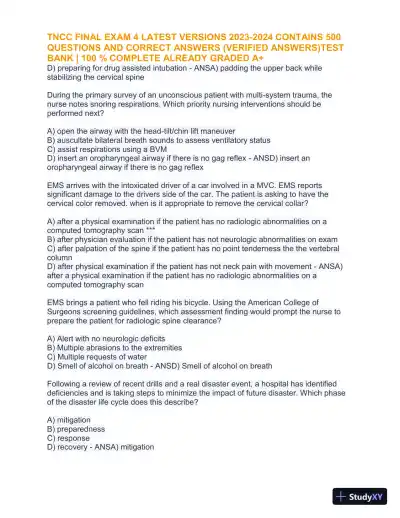 2023-2024 TNCC Final Practice Exam 4 with Answers (1343 Solved Questions) - Page 14 preview image