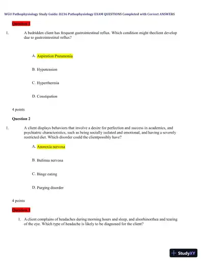 WGU Pathophysiology Study Guide: D236 Pathophysiology with Answers (25 Solved Questions) - Page 1 preview image