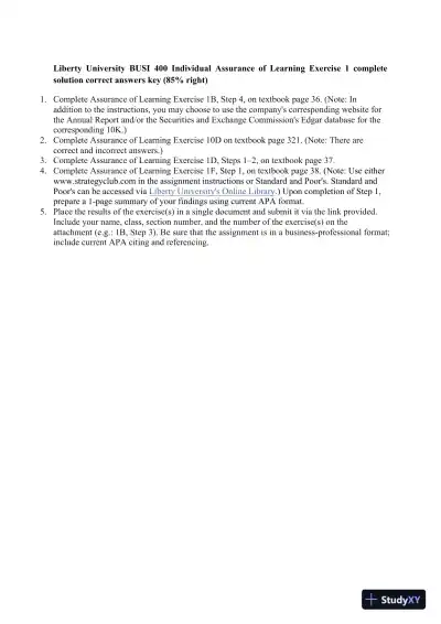 Liberty University BUSI 400 Individual Assurance of Learning Exercise 1 complete solution correct answers key - Page 1 preview image