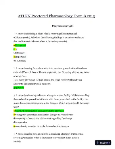 2013 ATI RN Proctored Pharmacology Form B with Answers (70 Solved Questions) - Page 1 preview image