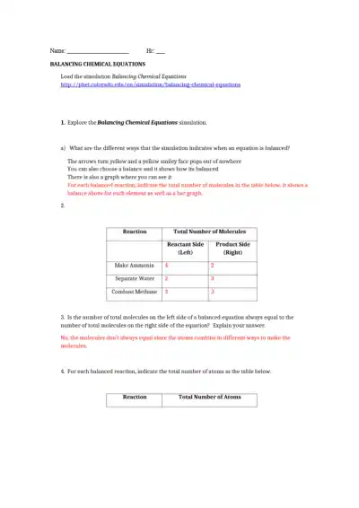 Balancing Chemical Equations Phet Key - Page 1 preview image