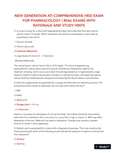 HESI Pharmacology Comprehensive Real Exam With Answers (245 Solved Questions) - Page 1 preview image