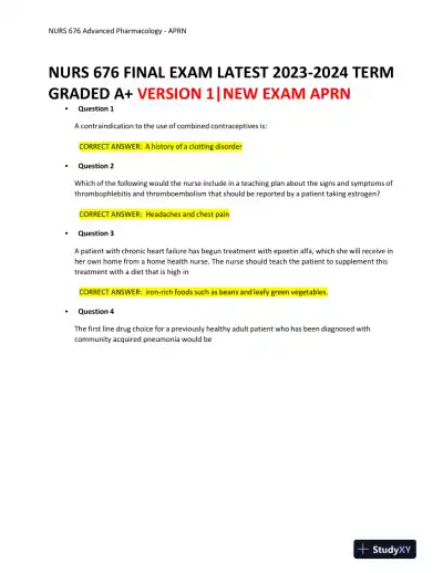 2023-2024 NURS676 Pharmacology Final Exam With Answers (101 Solved Questions) - Page 1 preview image