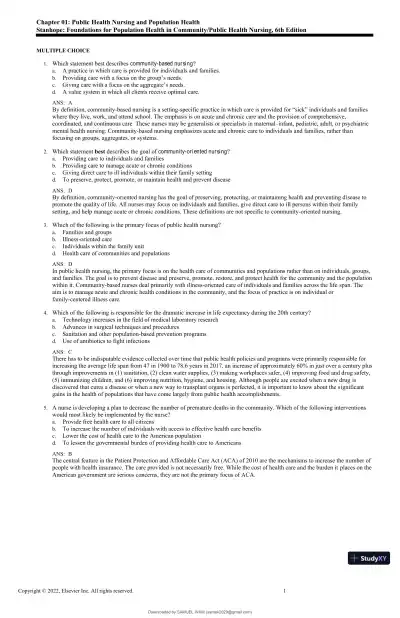 Test Bank for Foundations for Population Health in Community/Public Health Nursing, 6th Edition (Chapters 1-32) - Page 1 preview image