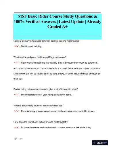 MSF Others Basic Rider Course Exam With Answers (75 Solved Questions) - Page 1 preview image