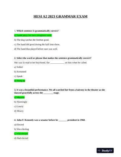 2023 HESI Grammer A2 Exam With Answers (41 Solved Questions) - Page 1 preview image