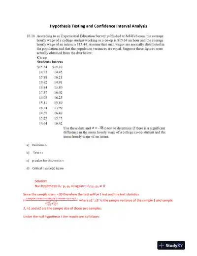 Hypothesis Testing and Confidence Interval Analysis - Page 1 preview image