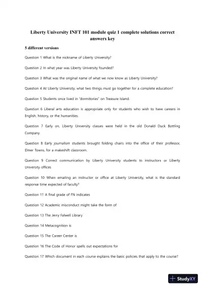 Liberty University INFT 101 module Quiz 1 Complete Solutions Correct Answers Key - Page 1 preview image
