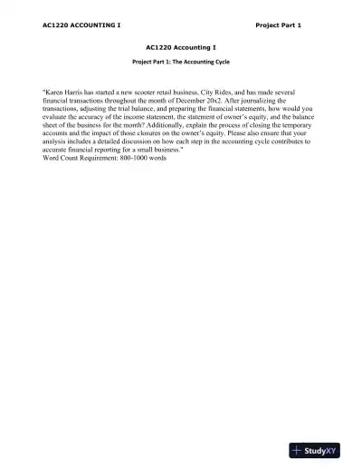 AC1220 Accounting I Project Part 1: The Accounting Cycle - Page 1 preview image