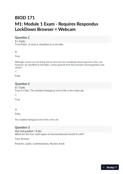 BIOD171 M1: Module 1 Biology Practice Exam with Answers (21 Solved Questions) - Page 1 preview image