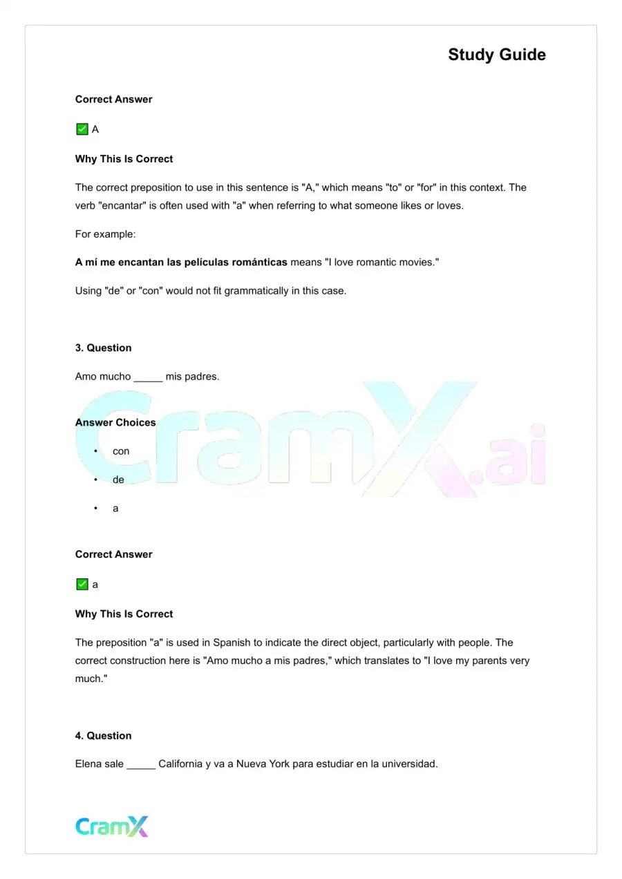 Spanish I - Prepositions, page 2