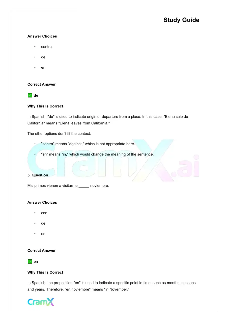 Spanish I - Prepositions, page 3