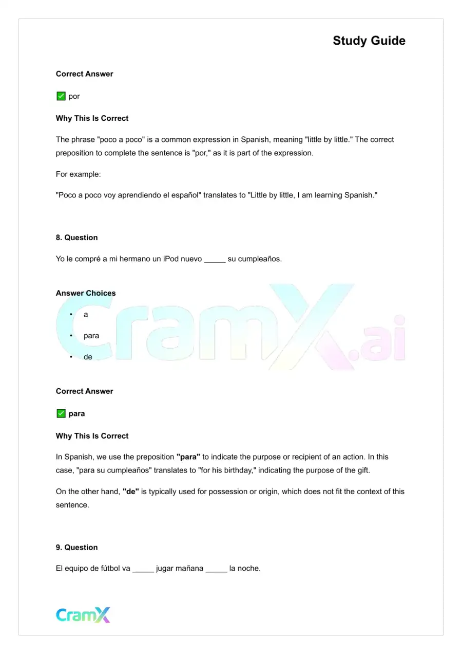 Spanish I - Prepositions, page 5