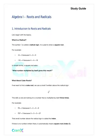 Algebra I – Roots and Radicals - Page 1 preview image