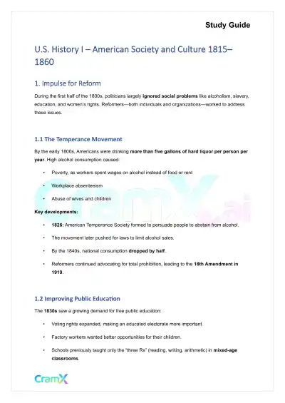 U.S. History I - American Society and Culture 1815–1860 - Page 1 preview image