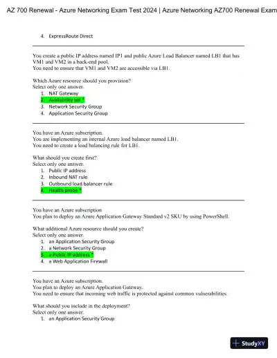 2024 AZ 700 Renewal Azure Networking Practice Exam with Answers (47 Solved Questions) - Page 3 preview image