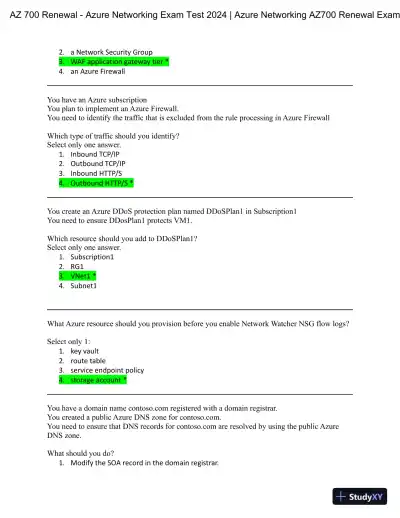 2024 AZ 700 Renewal Azure Networking Practice Exam with Answers (47 Solved Questions) - Page 4 preview image