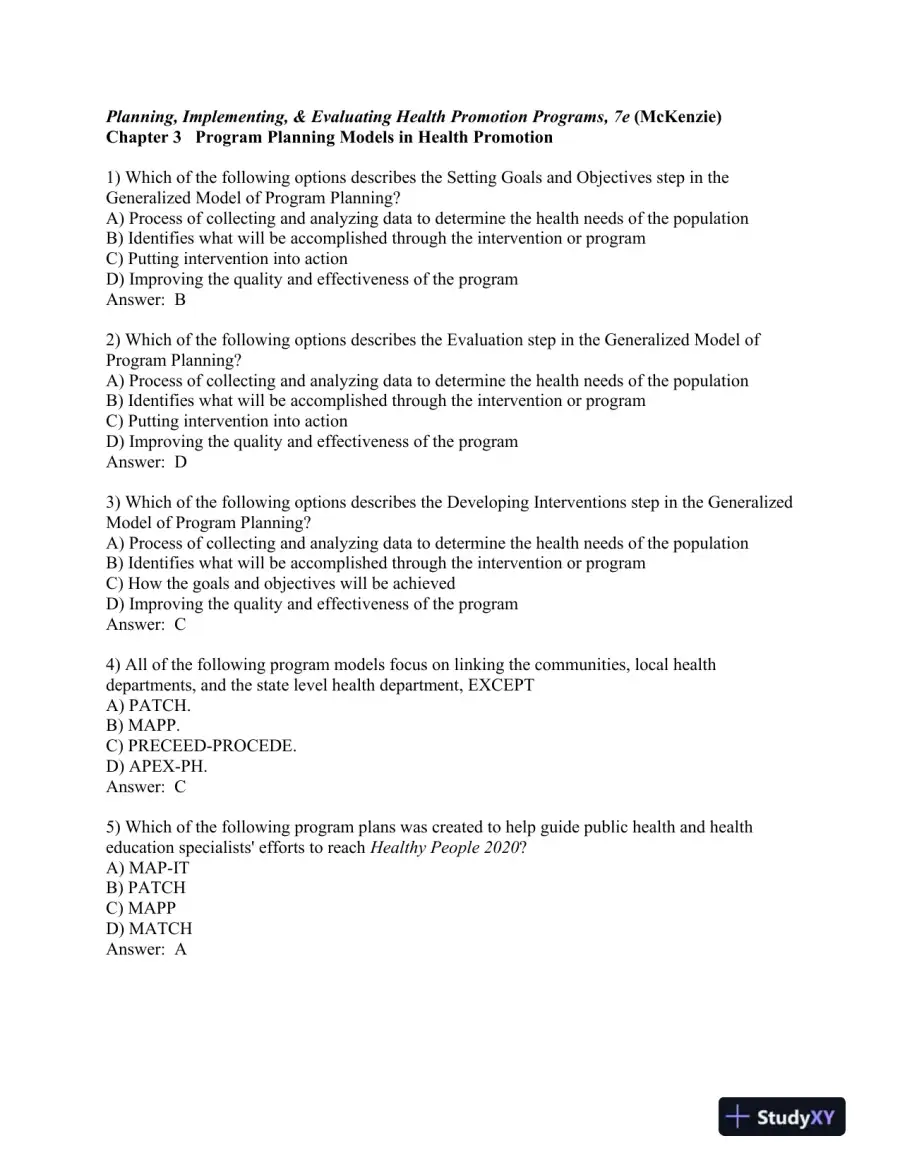Planning, Implementing, and Evaluating Health Promotion Programs: A Primer 7th Edition Test Bank, page 12