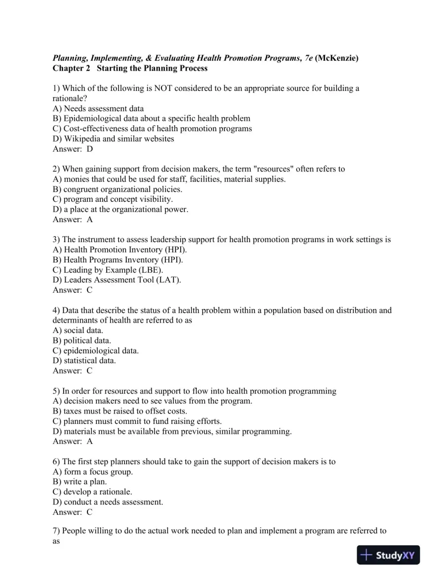 Planning, Implementing, and Evaluating Health Promotion Programs: A Primer 7th Edition Test Bank, page 7