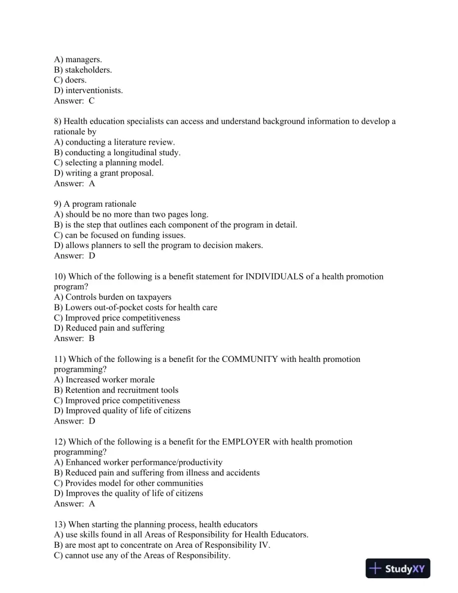 Planning, Implementing, and Evaluating Health Promotion Programs: A Primer 7th Edition Test Bank, page 8