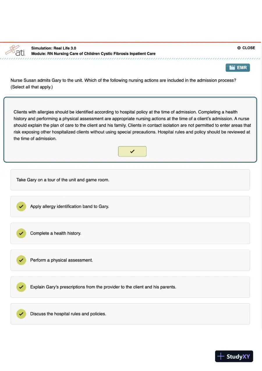ATI RN Nursing Care Of Children Cystic Fibrosis Inpatient Care Simulation Real Life 4.0 With Answers (14 Solved Questions), page 5