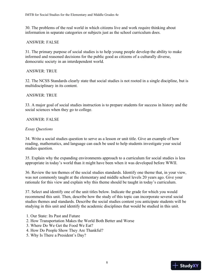 Test Bank for Social Studies For The Elementary And Middle Grades: A Constructivist Approach, 4th Edition, page 11