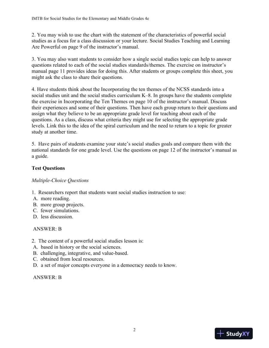Test Bank for Social Studies For The Elementary And Middle Grades: A Constructivist Approach, 4th Edition, page 5