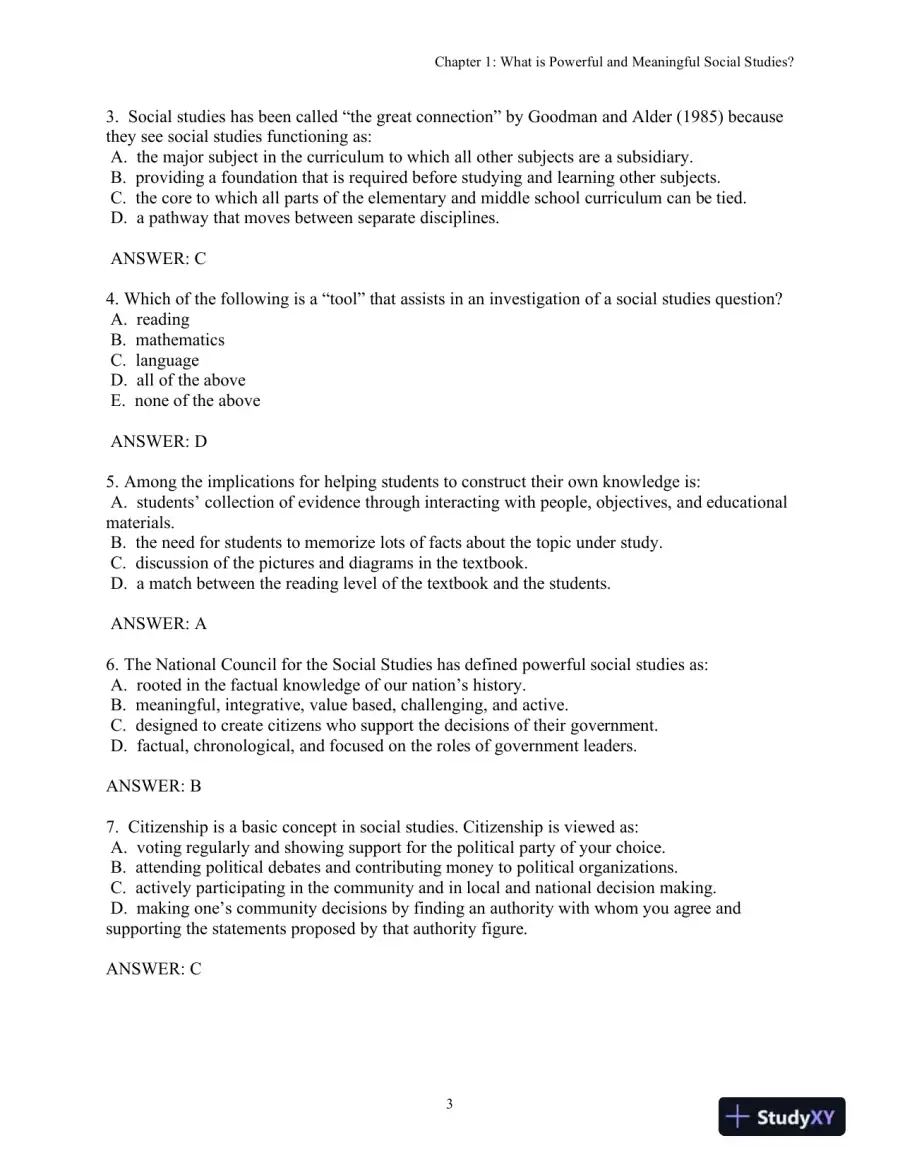 Test Bank for Social Studies For The Elementary And Middle Grades: A Constructivist Approach, 4th Edition, page 6