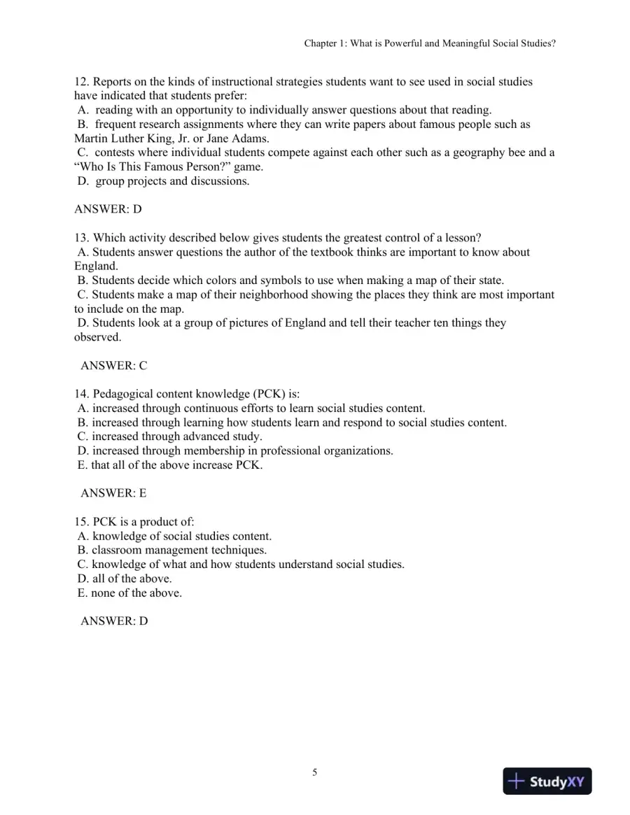 Test Bank for Social Studies For The Elementary And Middle Grades: A Constructivist Approach, 4th Edition, page 8